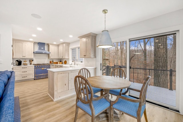 dining area featuring sink and light hardwood / wood-style floors