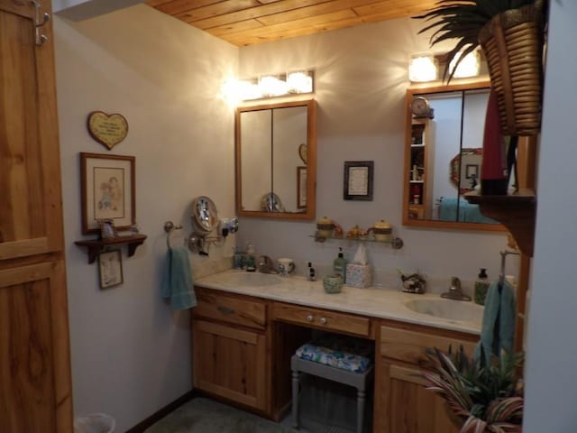 bathroom with vanity and wood ceiling