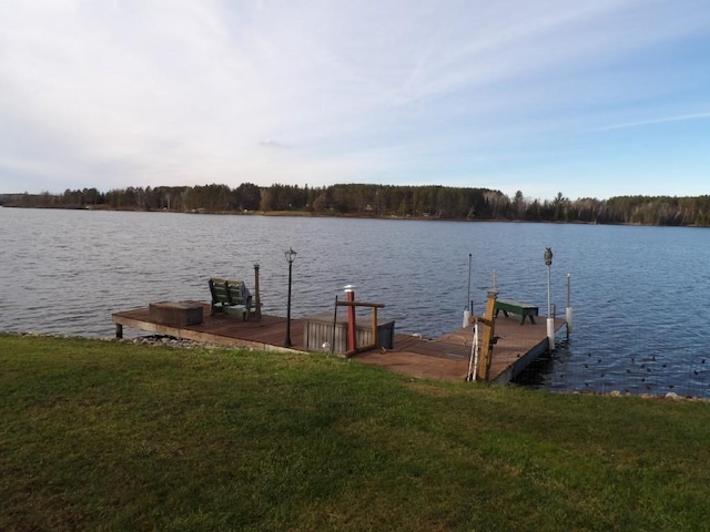 view of dock featuring a water view and a lawn