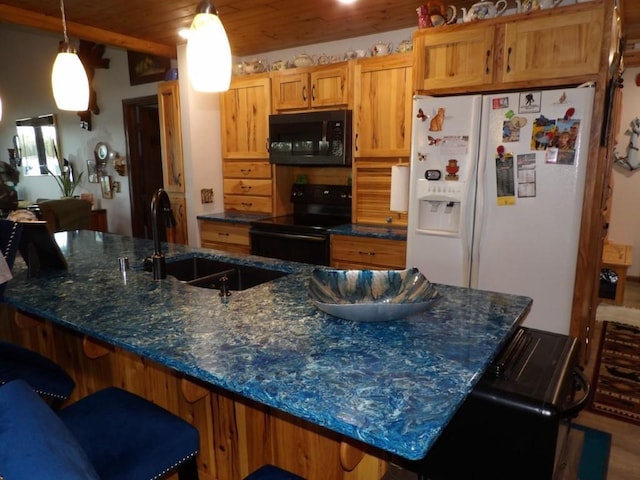 kitchen featuring dark stone counters, sink, black appliances, pendant lighting, and wooden ceiling