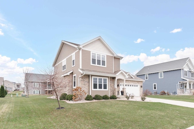 9907 White Fox Ln, Middleton, WI 53562 - view of front of property featuring stone siding, concrete driveway, an attached garage, and a front yard