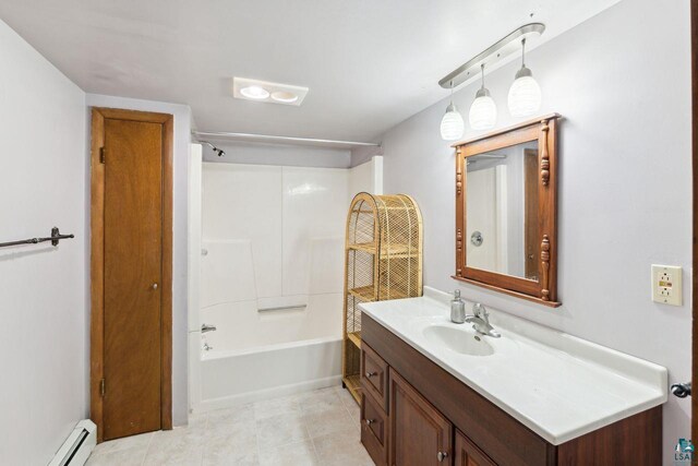 121 E Bayfield St, Washburn, WI 54891 - bathroom featuring tile patterned flooring, vanity,  shower combination, and a baseboard heating unit