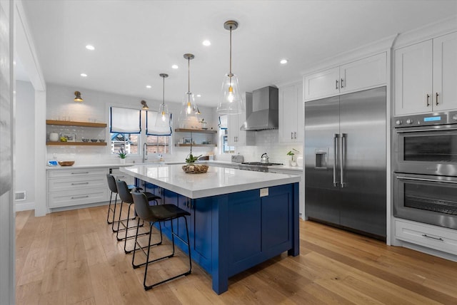 kitchen with white cabinetry, light wood-type flooring, wall chimney range hood, and appliances with stainless steel finishes