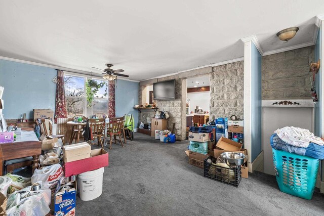 miscellaneous room with carpet floors, ceiling fan, and ornamental molding