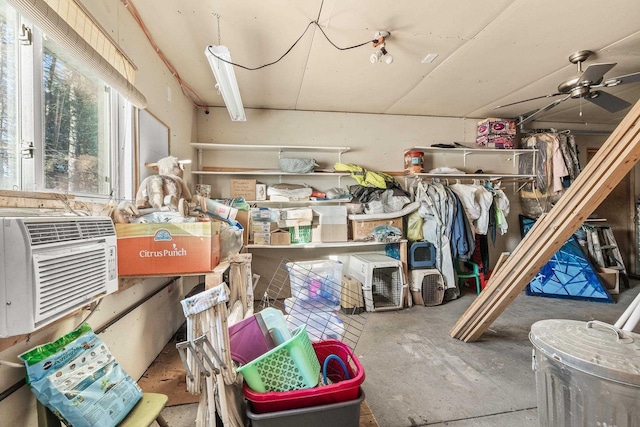 storage room featuring ceiling fan and cooling unit