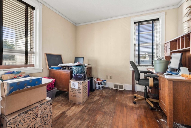 office area with crown molding and dark hardwood / wood-style floors