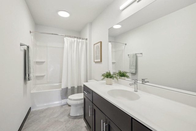 bathroom with toilet, shower / bath combo with shower curtain, and vanity