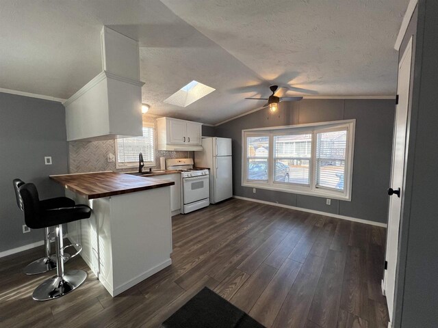 kitchen with wooden counters, white appliances, dark hardwood / wood-style floors, and a healthy amount of sunlight