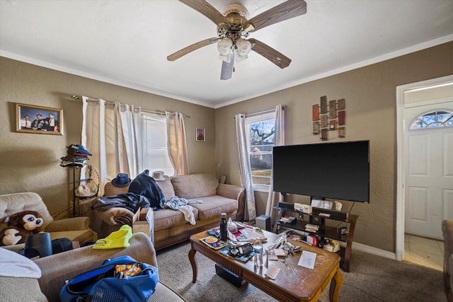 living room with crown molding, ceiling fan, and carpet