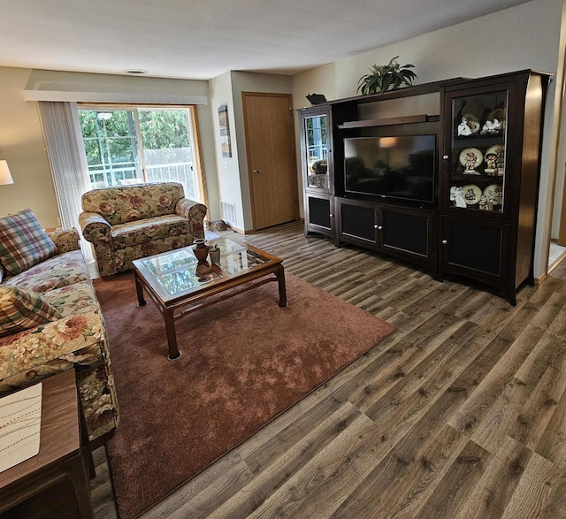 living room with dark hardwood / wood-style flooring