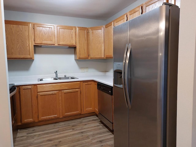 kitchen with light hardwood / wood-style floors, sink, and stainless steel appliances