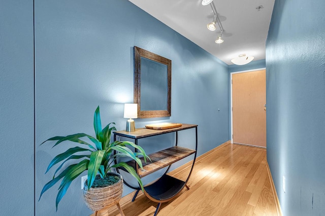 corridor featuring hardwood / wood-style flooring and track lighting