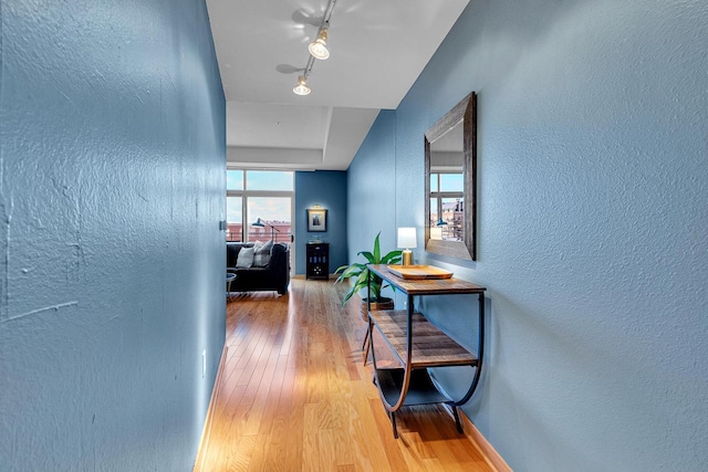 hall featuring hardwood / wood-style floors and track lighting