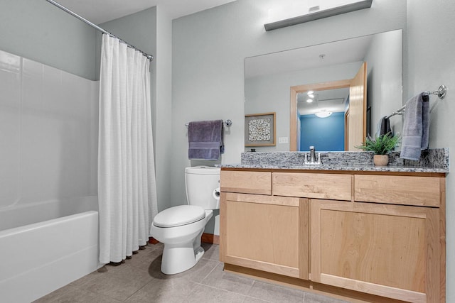 full bathroom with tile patterned floors, vanity, toilet, and shower / bathtub combination with curtain