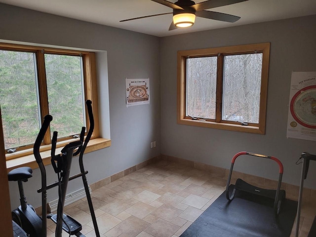 workout area featuring ceiling fan