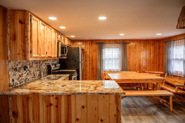 kitchen featuring wood walls, dark hardwood / wood-style floors, light stone countertops, appliances with stainless steel finishes, and kitchen peninsula