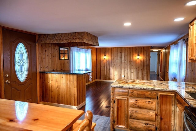 kitchen with plenty of natural light, wood walls, electric stove, and dark wood-type flooring