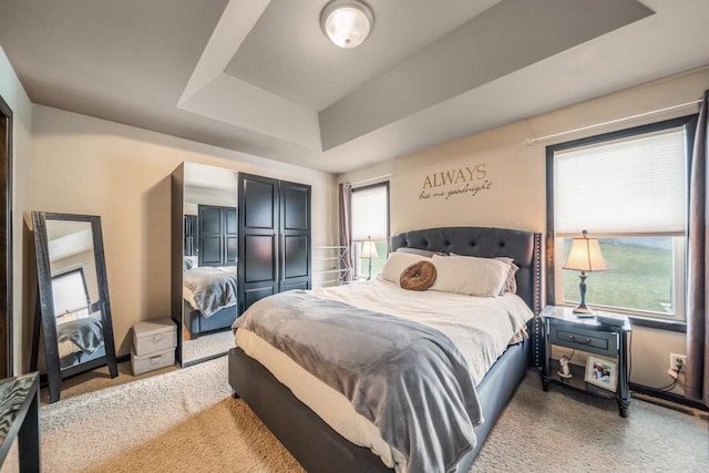 bedroom with carpet floors, a tray ceiling, and multiple windows