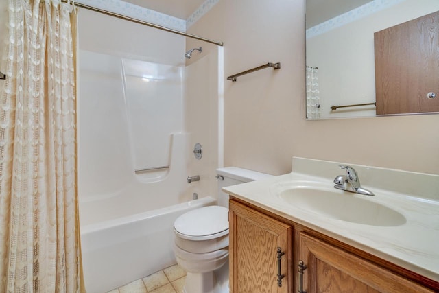 full bathroom featuring tile patterned flooring, vanity, shower / bath combination with curtain, and toilet