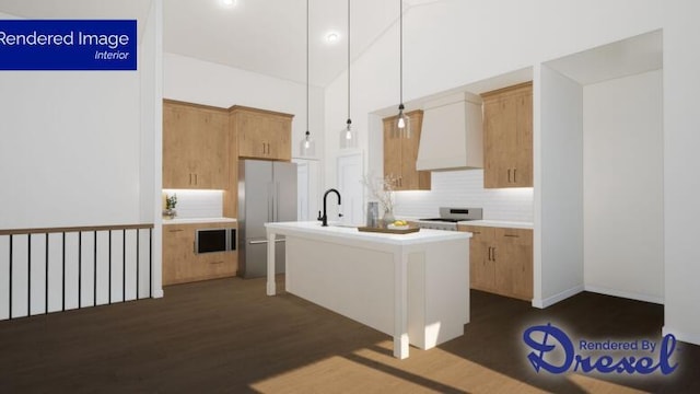 kitchen featuring stainless steel appliances, hanging light fixtures, dark hardwood / wood-style floors, a kitchen island, and custom exhaust hood