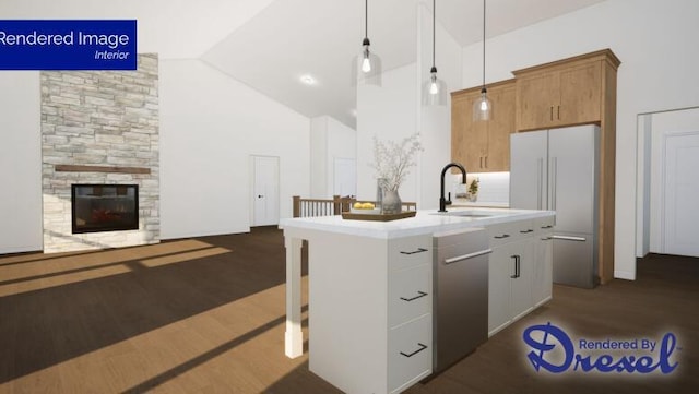 kitchen with stainless steel dishwasher, decorative light fixtures, a center island with sink, white fridge, and dark hardwood / wood-style floors