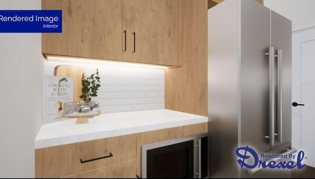 bar featuring decorative backsplash and light brown cabinetry