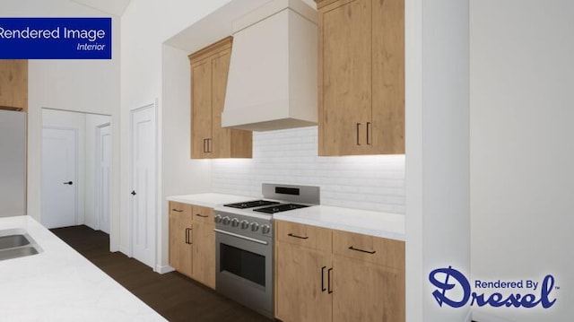 kitchen with light brown cabinets, dark hardwood / wood-style flooring, stainless steel range oven, white refrigerator, and premium range hood