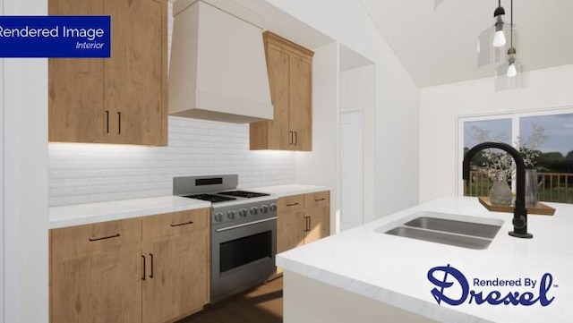 kitchen with pendant lighting, custom exhaust hood, stainless steel gas range oven, sink, and decorative backsplash