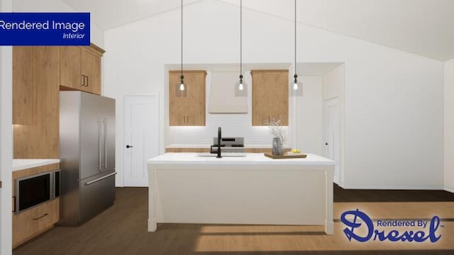 kitchen with pendant lighting, sink, lofted ceiling, and dark wood-type flooring