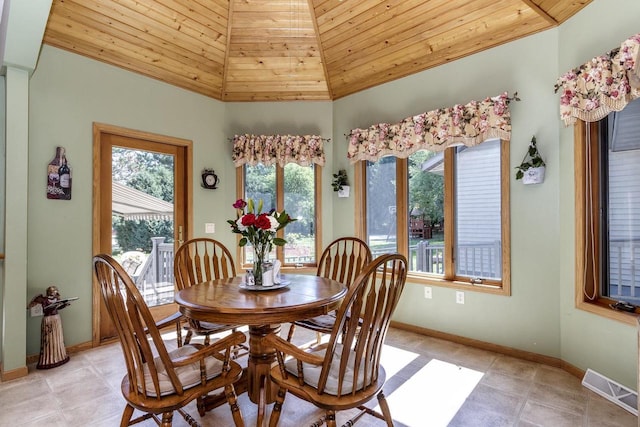 dining room with light tile patterned floors, wooden ceiling, and lofted ceiling