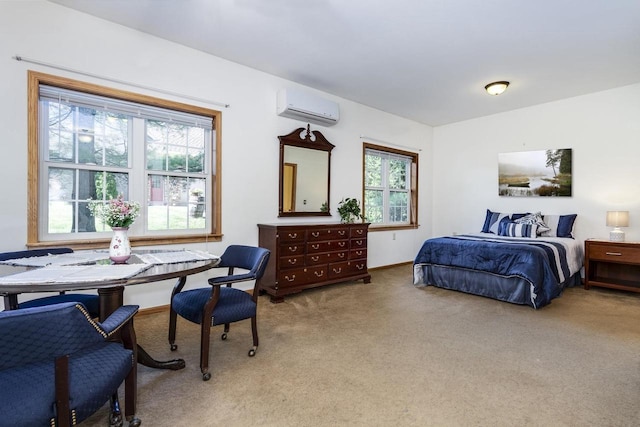 bedroom with a wall mounted AC, light carpet, and multiple windows