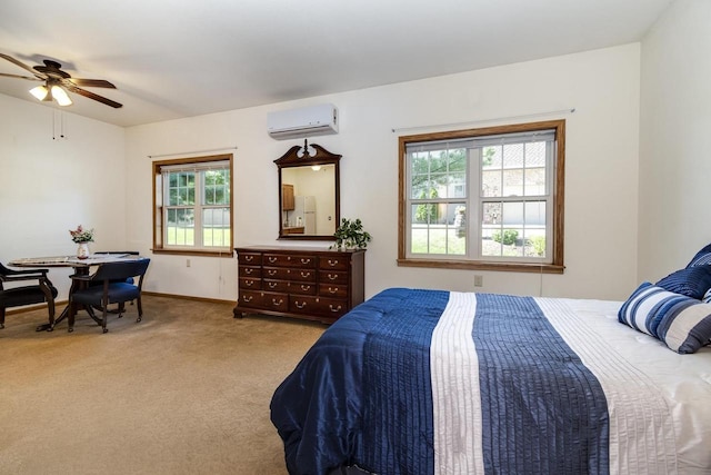 bedroom with carpet flooring, a wall unit AC, multiple windows, and ceiling fan