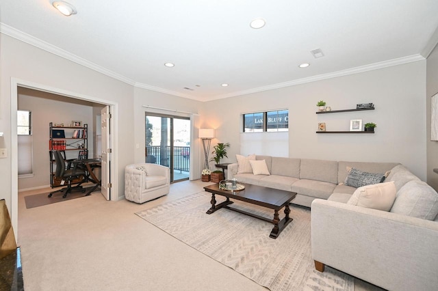 living room with crown molding and light colored carpet