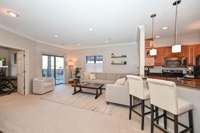 living room with light carpet and crown molding