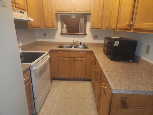 41 E Vista Blvd, Markesan, WI 53946 - kitchen with white range with electric stovetop, under cabinet range hood, a sink, black microwave, and brown cabinetry