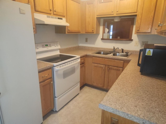 41 E Vista Blvd, Markesan, WI 53946 - kitchen featuring white appliances, under cabinet range hood, a sink, and light countertops
