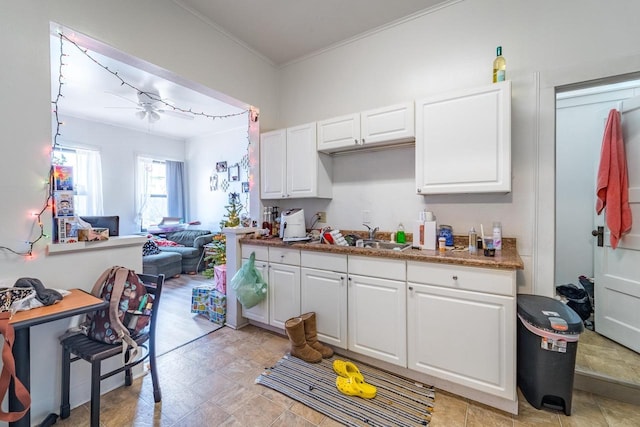 kitchen with white cabinetry, sink, and ornamental molding