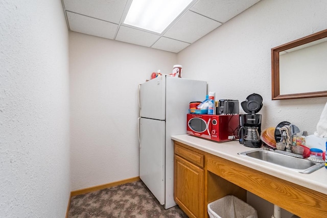 kitchen with carpet, a paneled ceiling, white refrigerator, and sink