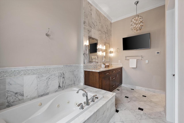 bathroom featuring vanity, a relaxing tiled tub, and ornamental molding