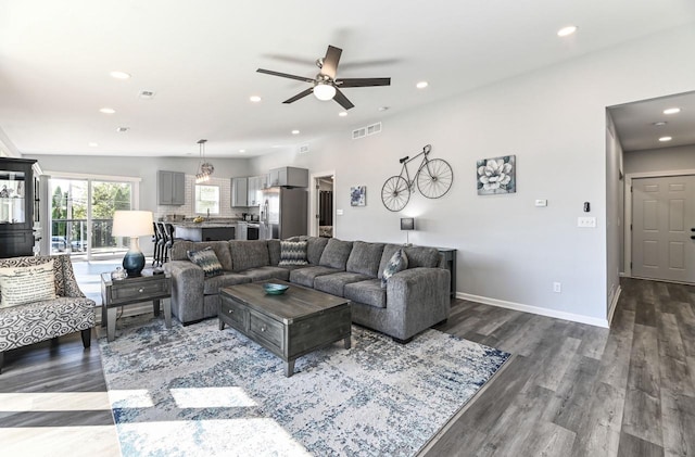 7134 N Tichigan Rd, Waterford, WI 53185 - living area with ceiling fan, dark wood-style flooring, recessed lighting, and baseboards
