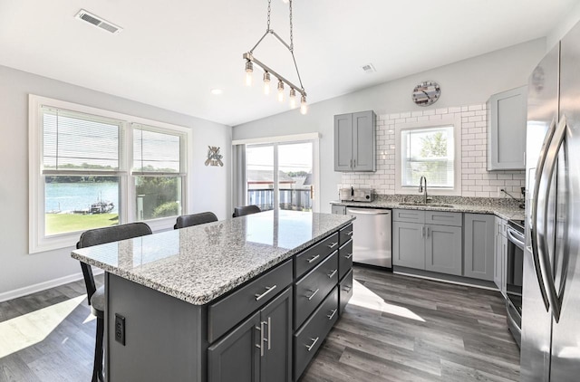7134 N Tichigan Rd, Waterford, WI 53185 - kitchen with appliances with stainless steel finishes, gray cabinets, a center island, a sink, and a breakfast bar area