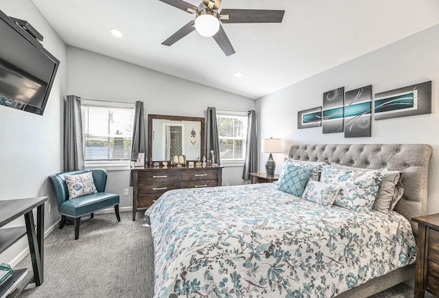 7134 N Tichigan Rd, Waterford, WI 53185 - carpeted bedroom featuring lofted ceiling, baseboards, ceiling fan, and recessed lighting