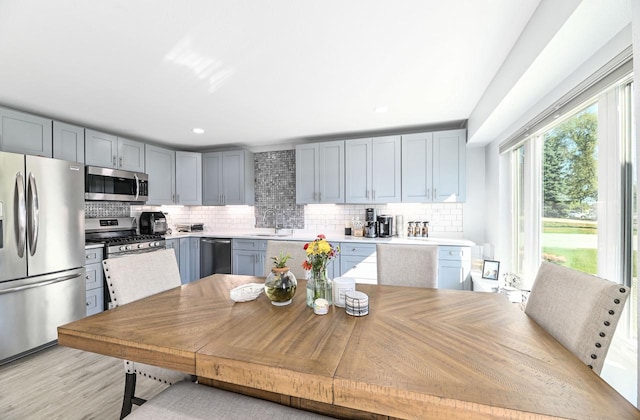 7134 N Tichigan Rd, Waterford, WI 53185 - kitchen with appliances with stainless steel finishes, gray cabinets, decorative backsplash, and recessed lighting