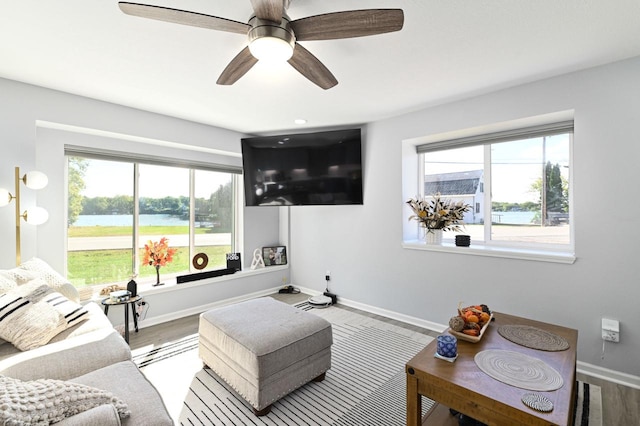 7134 N Tichigan Rd, Waterford, WI 53185 - living room with wood finished floors, baseboards, and ceiling fan