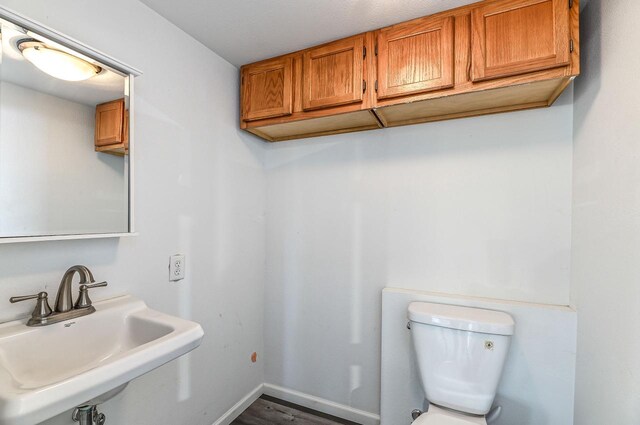 7134 N Tichigan Rd, Waterford, WI 53185 - bathroom with toilet, a sink, baseboards, and wood finished floors