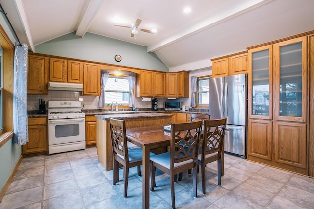 kitchen featuring lofted ceiling with beams, stainless steel appliances, and a wealth of natural light