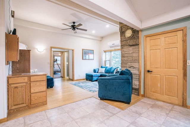 living room featuring a wall mounted air conditioner, vaulted ceiling, light hardwood / wood-style flooring, and ceiling fan