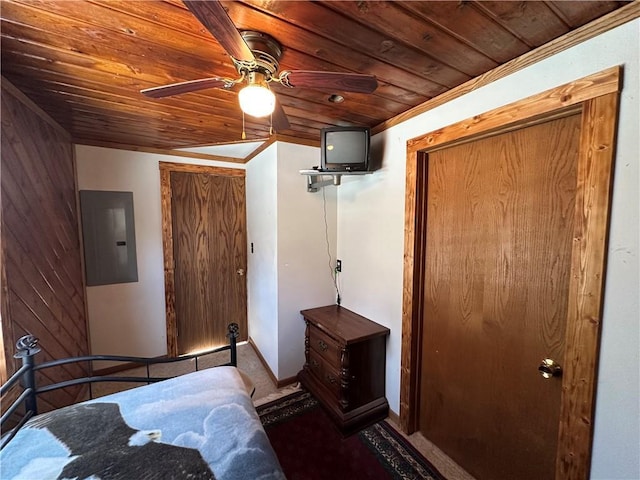 bedroom featuring electric panel, ceiling fan, wood ceiling, and wood walls