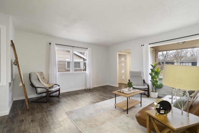 living room with dark hardwood / wood-style floors and a healthy amount of sunlight