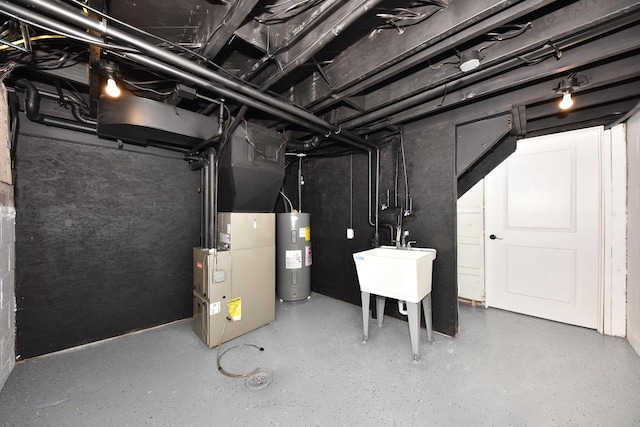 basement with heating unit and electric water heater